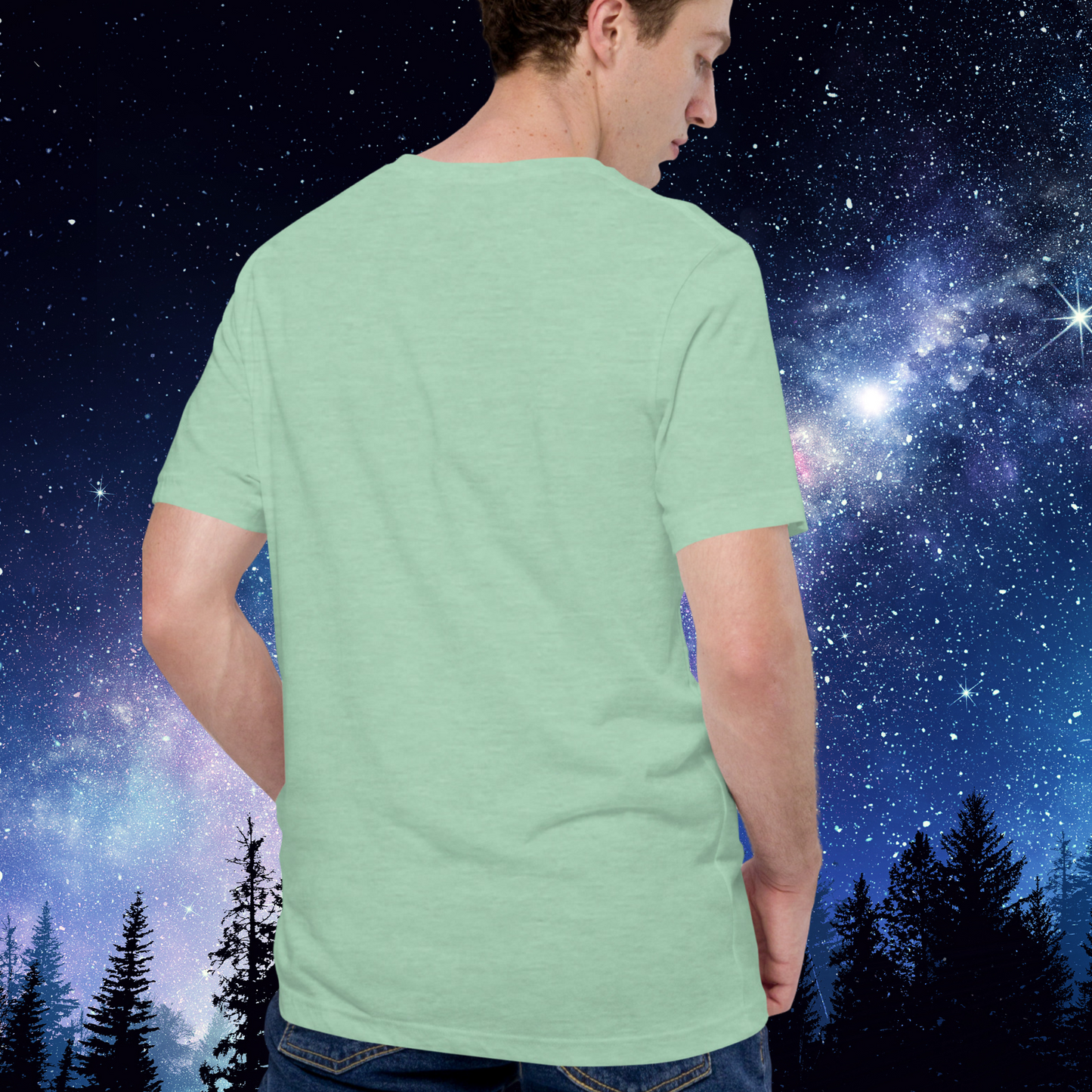 Aries back view of heather prism mint men's astrology t-shirt. Back of the zodiac shirt does not have an image. You can see the sleeves end mid upper arm, crew neck, and the hem comes to the hip of the model. The perfect March or April Birthday present for him.