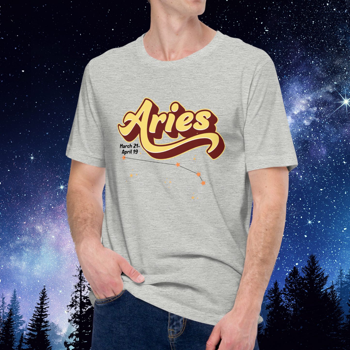 Aries front view of athletic heather (grey) men's astrology t-shirt. At the top the word Aries in light yellow with a maroon shadow for a 3-D effect. Under the A in Aries are the dates March 21-April 19. Below this is the constellation Aries in yellow orange stars connected with a black line surrounded by light yellow stars. The perfect March or April Birthday present for him.
