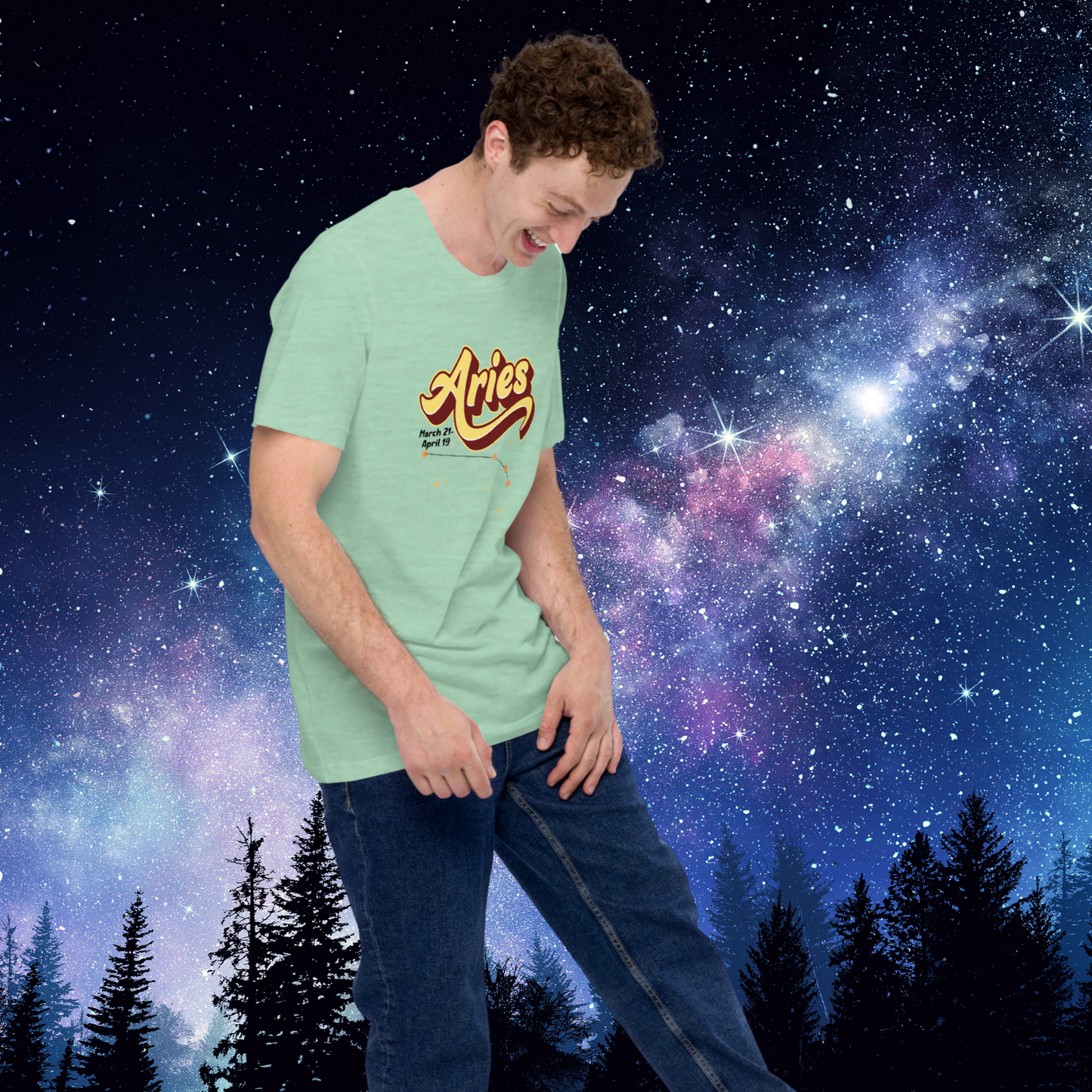 Aries right front view of heather prism mint men's astrology t-shirt. At the top the word Aries in light yellow with a maroon shadow for a 3-D effect. Under the A in Aries are the dates March 21-April 19. Below this is the constellation Aries in yellow orange stars connected with a black line surrounded by light yellow stars. The perfect March or April Birthday present for him.
