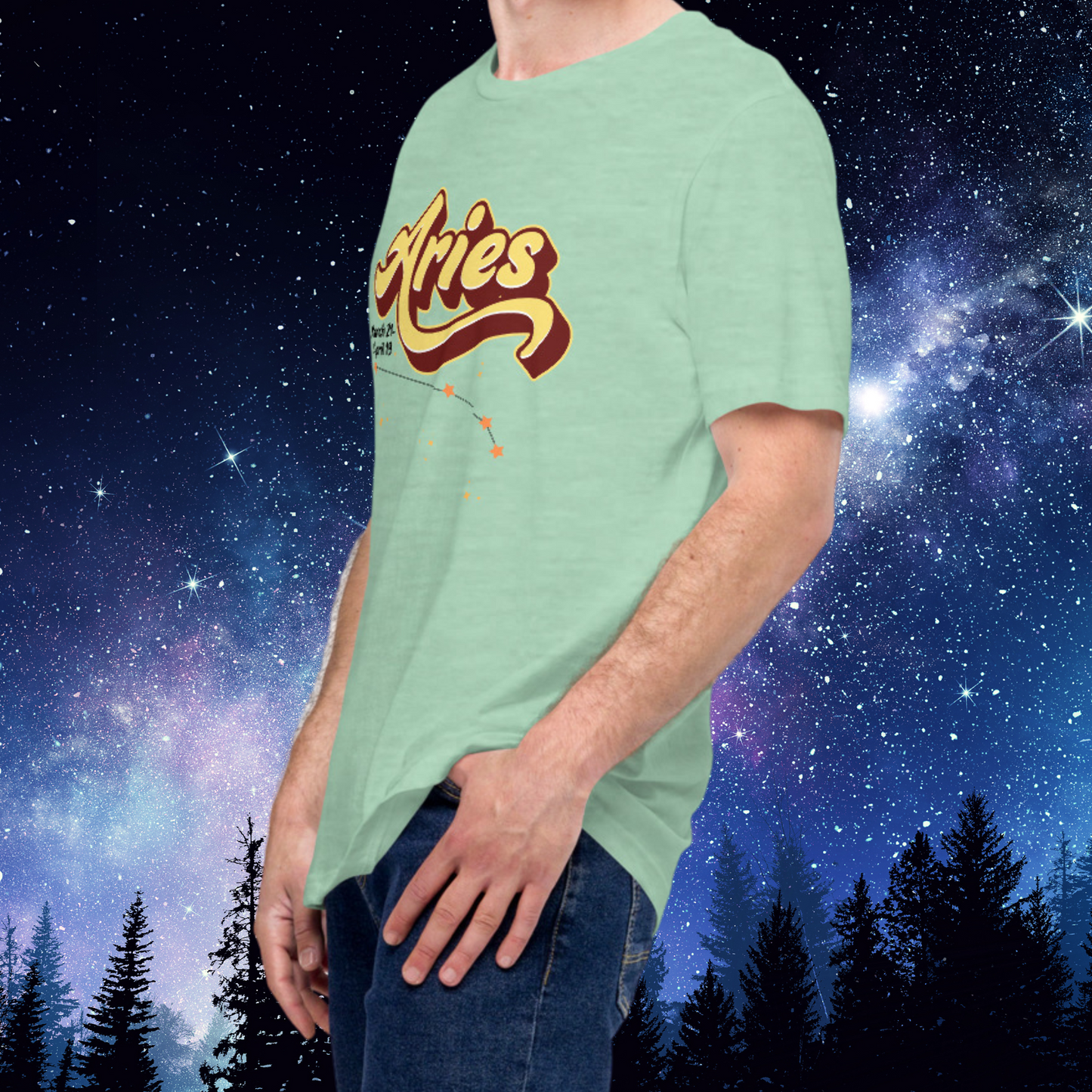 Aries left side view of heather prism mint men's astrology t-shirt. At the top the word Aries in light yellow with a maroon shadow for a 3-D effect. Under the A in Aries are the dates March 21-April 19. Below this is the constellation Aries in yellow orange stars connected with a black line surrounded by light yellow stars. The perfect March or April Birthday present for him.