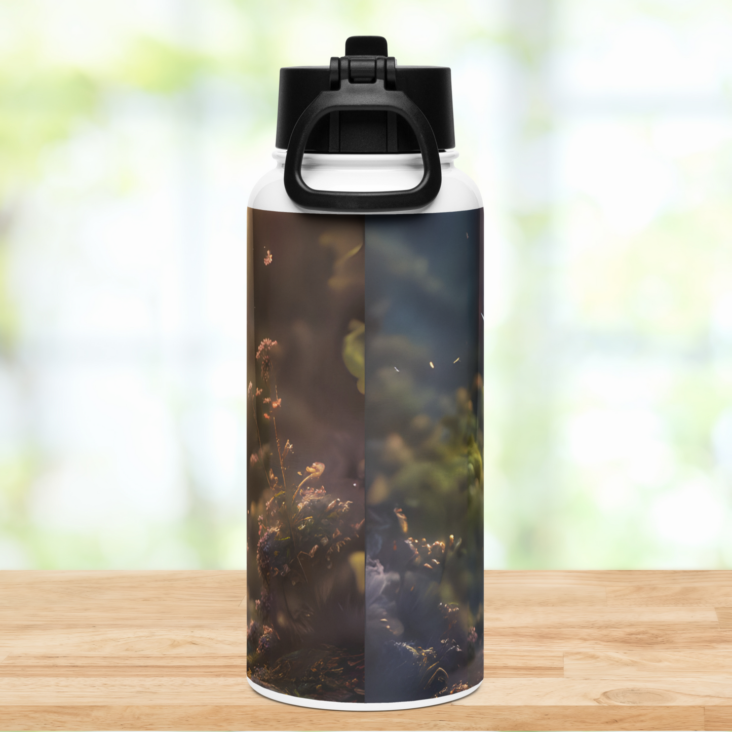 Back view of 32 oz stainless steel tumbler with black lid. Handle is down against the lid. YOu can see the edges of the left and right side coming together with soft botanicals.
