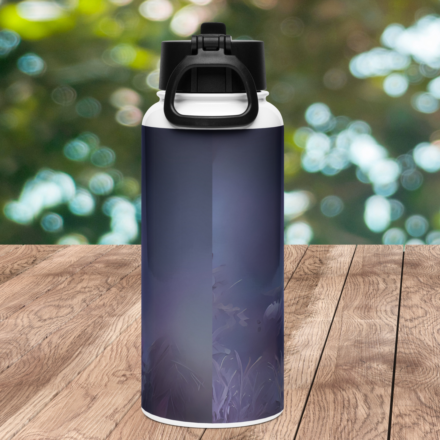 Back view stainless steel tumbler. You can see the seam where the two sides of the image come together in dark purples and blacks with a hint of botanicals. You can see the black lid with the hande down.