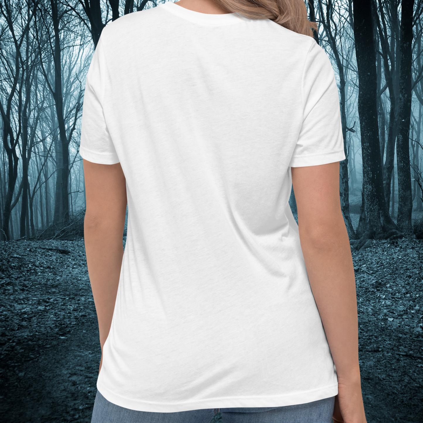 Back view of white little red riding hood women's graphic tee. The top of the collar, short white sleeves, and hem are visible. The back does not have an image on it.