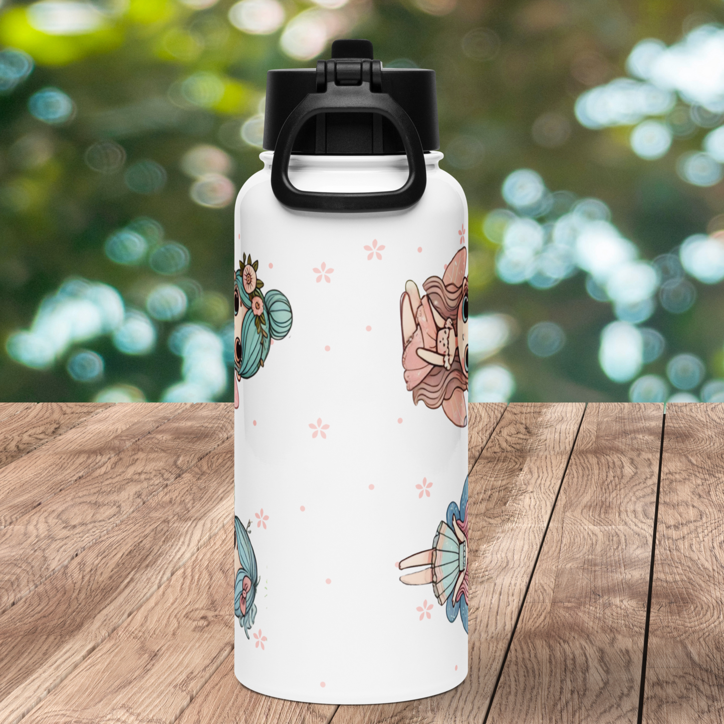 Back of white stainless steel water bottle with black lid. You can see the handle is flipped down against the lid and top of the bottle. You can see legs of sitting fairy and blue fairy. Top of blue hair and pink flowers in the background.