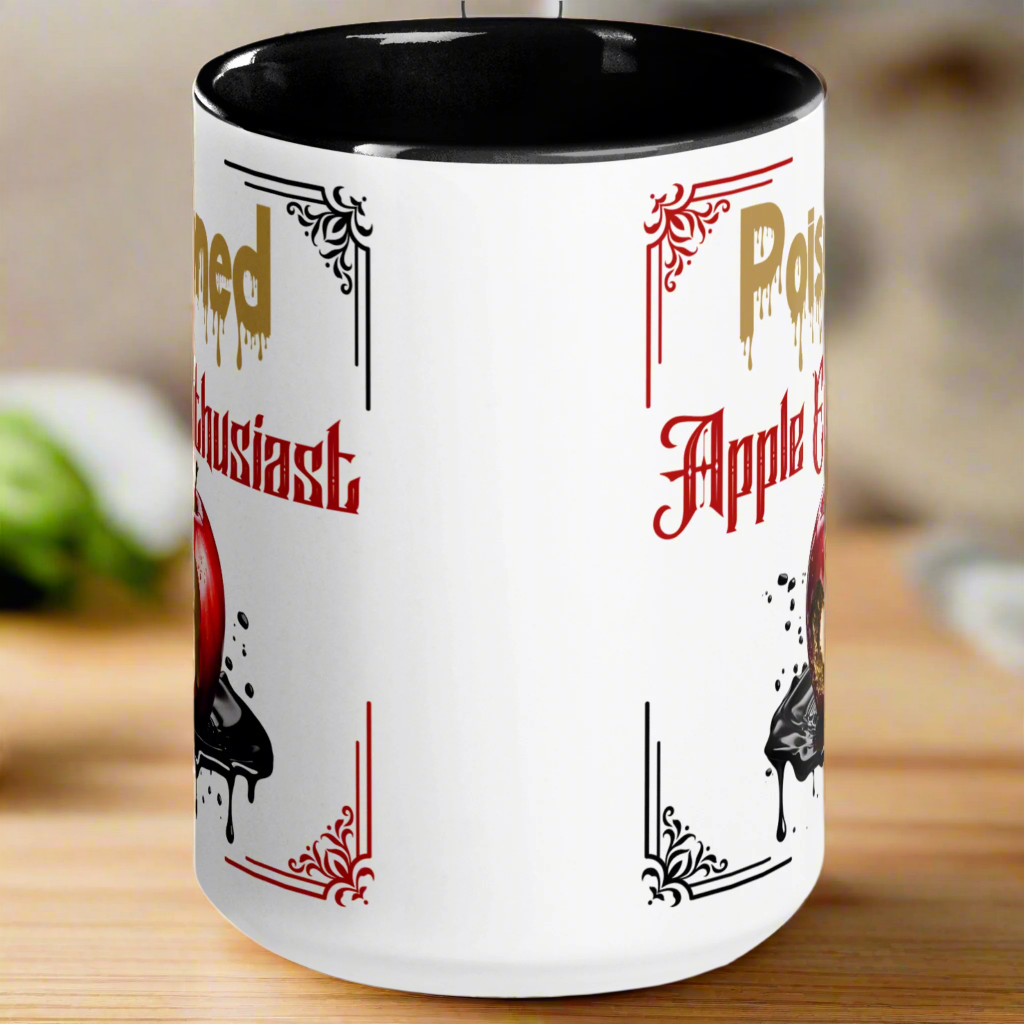 Side view of White mug w black interior and handle, Poisoned Apple Enthusiast above a decaying apple sitting in a pool of poison
