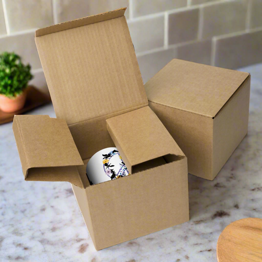 boxed fantasy peace mug, purple peace sign filled with mythological creatures dragon mermaid fairy unicorn witch pegasus