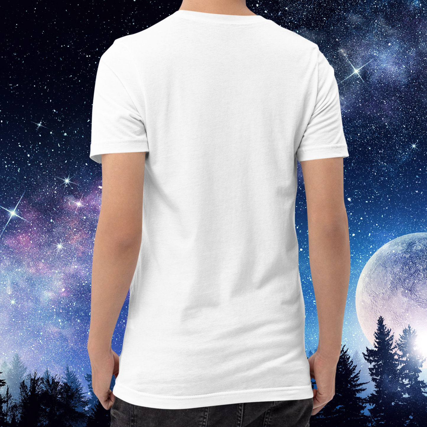 Back view of model wearing white men's Cancer Tee. The back of the shirt has no image. The crewneck, end of sleeve ends mid upper arm, and hem ends below hip on model. The perfect June or July Birthday Gift for him or yourself.