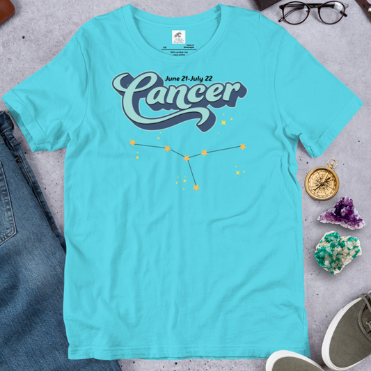 Flat front view of turquoise men's Cancer Tee. This astrology Cancer T-Shirt has the word Cancer in large light blue script shadowed in deep blue for a 3-D effect. Above this it Says June 21-July 22. Under Cancer is the zodiac star constellation with yellow stars connected by a black line and lighter yellow smaller stars surrounding this. The perfect June or July Birthday Gift for him or yourself.