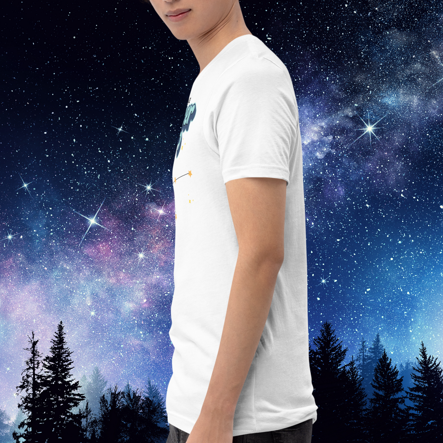 Left side view of model wearing white men's Cancer Tee. The side seam, sleeve ends mid upper arm, crew neckline, and hem ends below the hip on the model. The perfect June or July Birthday Gift for him or yourself.