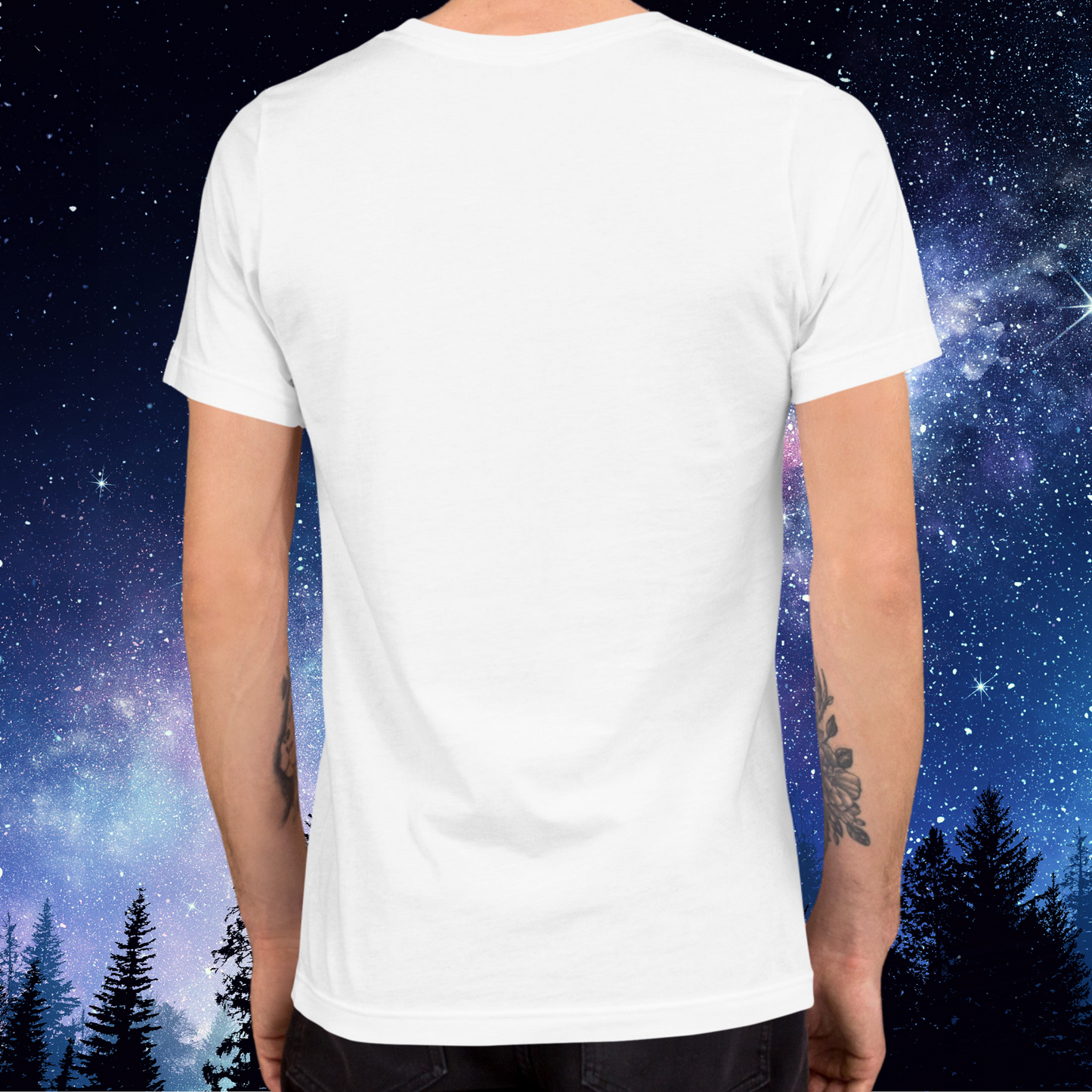 Back view of model wearing white men's Capricorn Tee. The back does not have an image. You can see the crew neck, end of the short sleeves at mid upper arm, and the hem falling at the hips on the model. The perfect December or January Birthday Gift for him or yourself.
