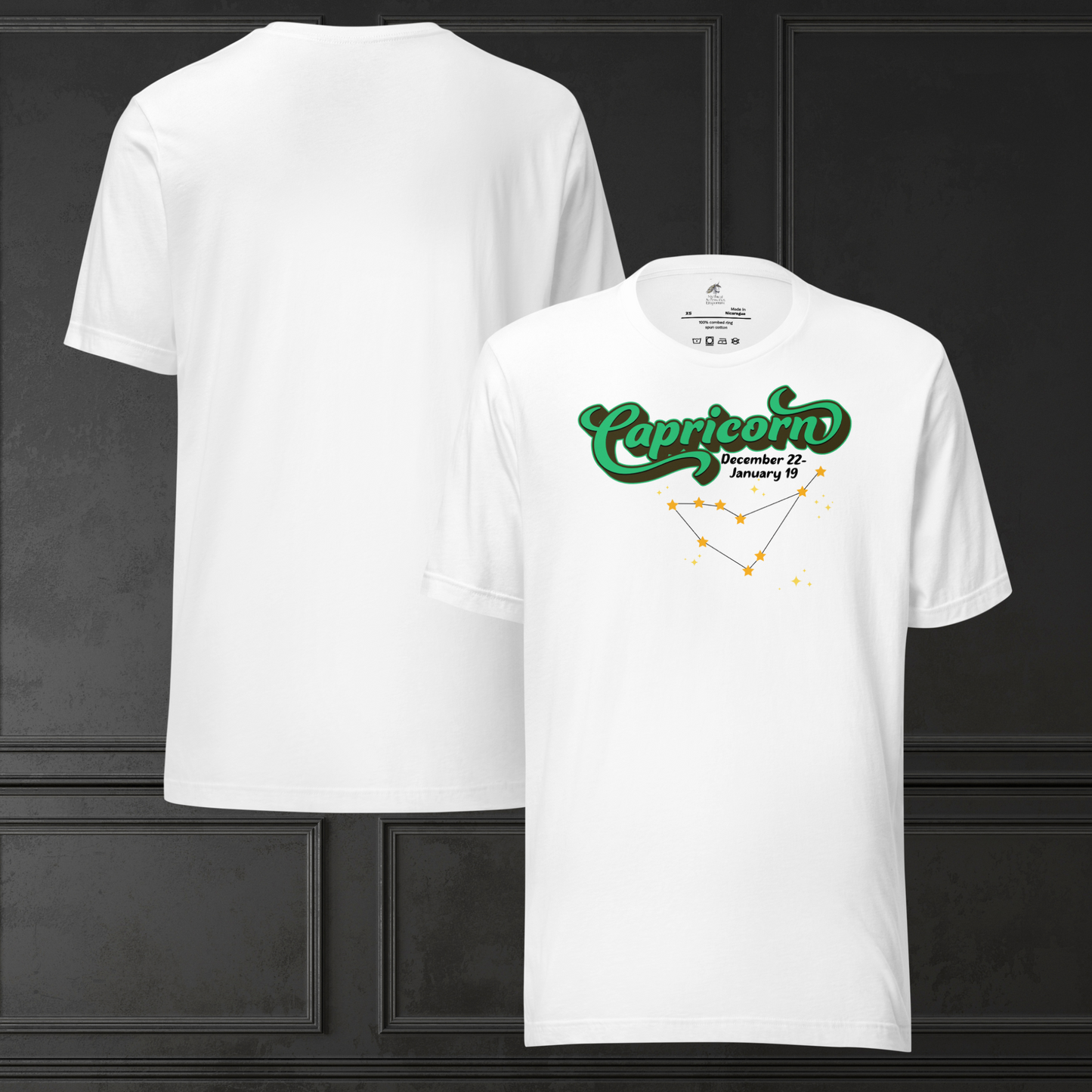 Front and back view of flat white men's Capricorn Tee. This astrology T-Shirt has the word Capricorn in large bright green script shadowed in deep brown almost black for a 3-D effect. Below this it Says December 22-January 19. Under Capricorn is the zodiac star constellation with yellow stars connected by a black line and lighter yellow smaller stars surrounding this. The perfect December or January Birthday Gift for him or yourself.