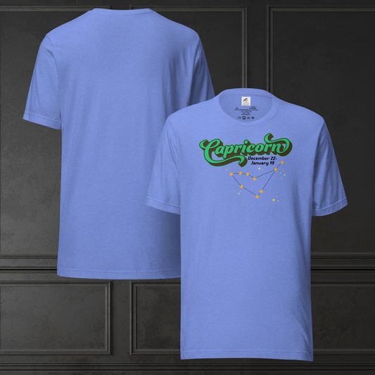 Front and back view of flat heather Columbia blue men's Capricorn Tee. This astrology T-Shirt has the word Capricorn in large bright green script shadowed in deep brown almost black for a 3-D effect. Below this it Says December 22-January 19. Under Capricorn is the zodiac star constellation with yellow stars connected by a black line and lighter yellow smaller stars surrounding this. The perfect December or January Birthday Gift for him or yourself.