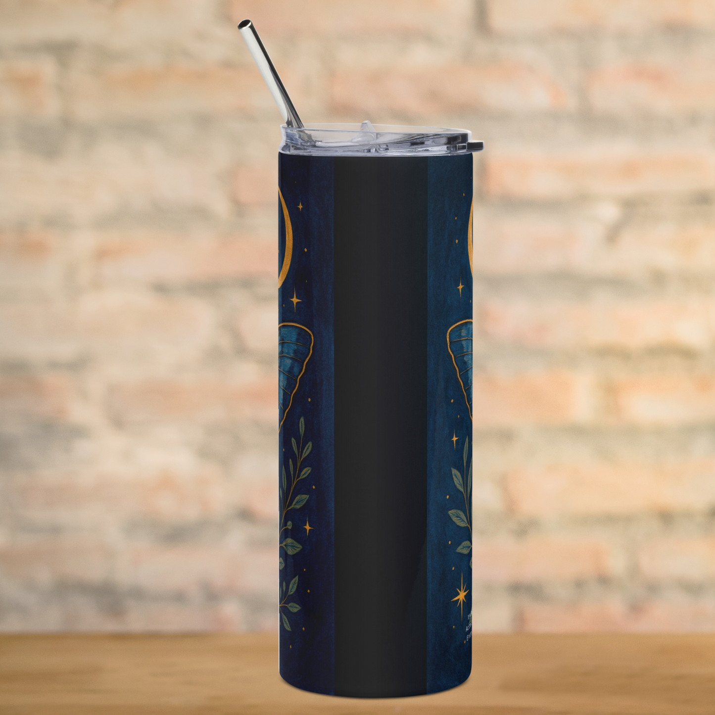 Death Head Moth Tumbler Stainless Steel 20 oz. View of the back of the water bottle. You can see the tips of wings on each side. The metal straw extends above the top of the lid. Witchy Luna Moth