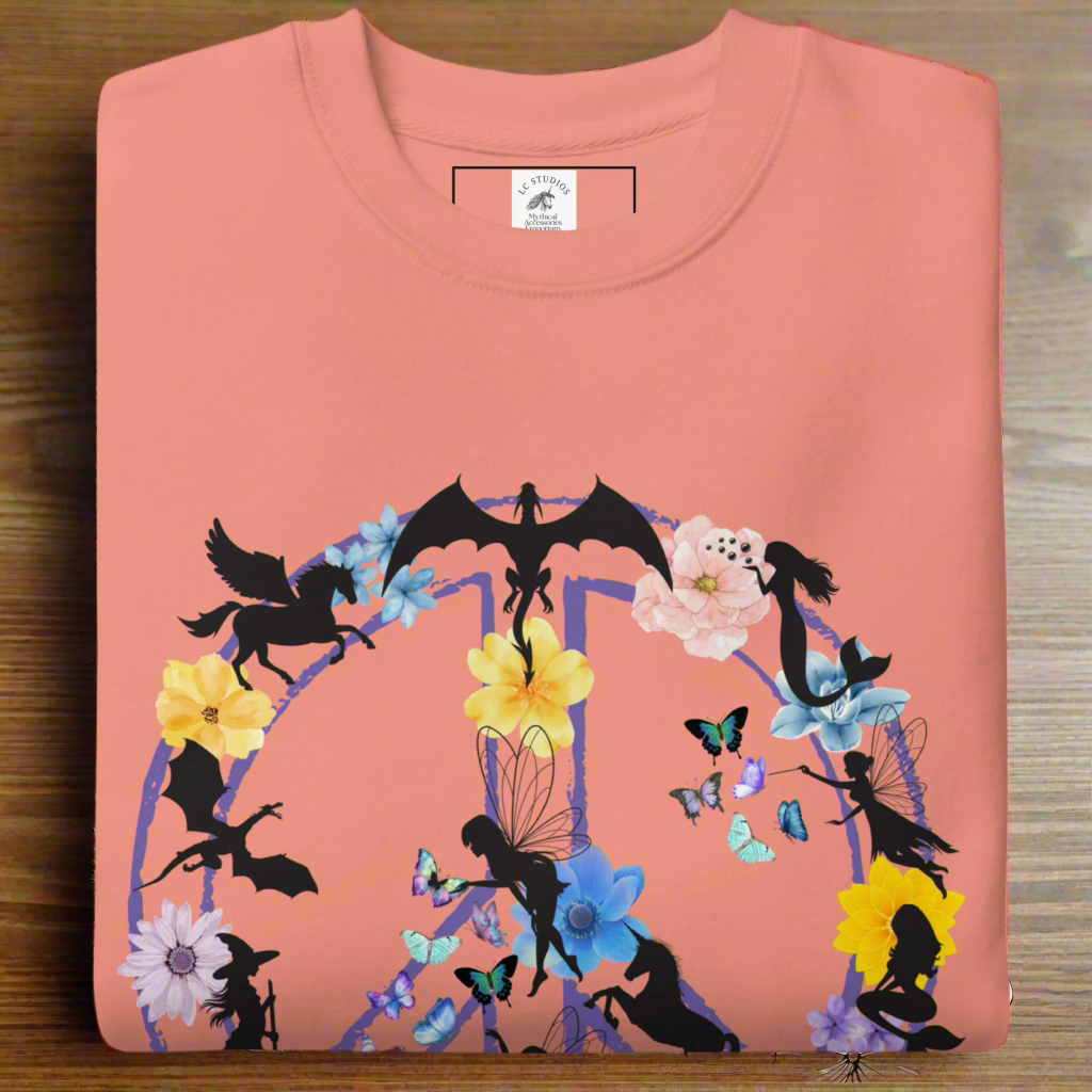 Womens folded dusty rose Fantasy Peace Sign Women's Sweatshirt. Purple Peace Sign Outline filled with fantasy creatures dragons, mermaids, fairies, pegasus, a witch, butterflies, and flowers.