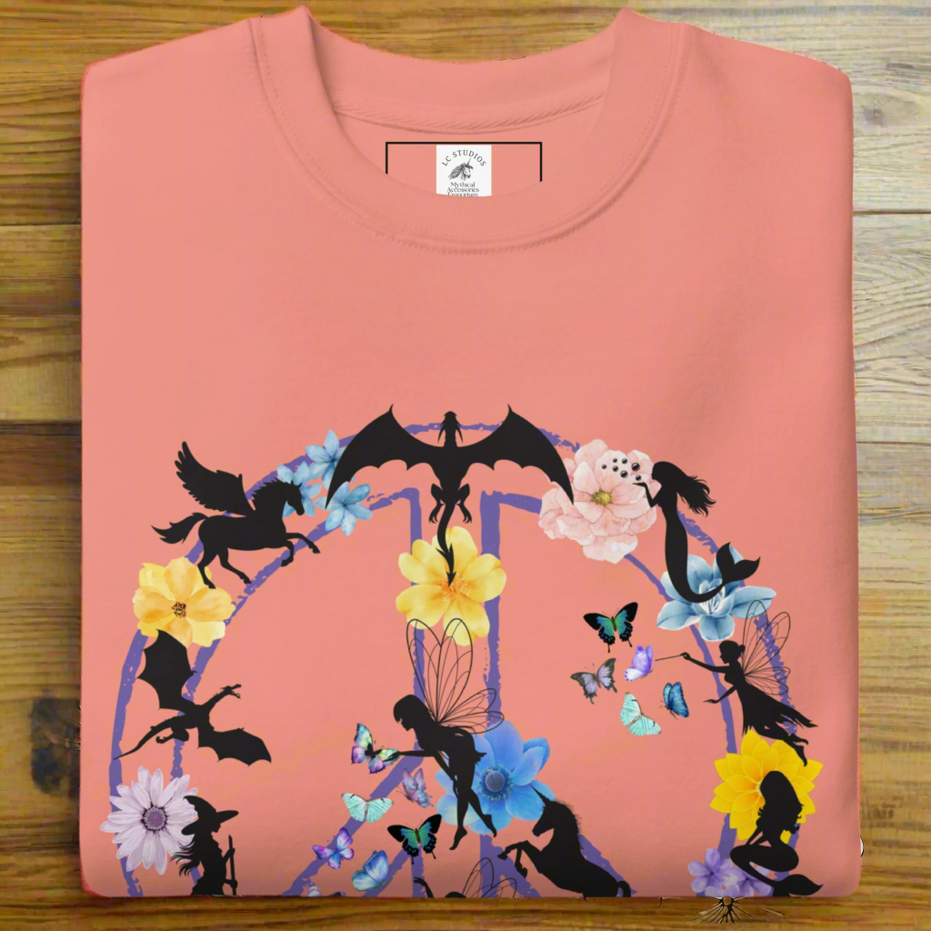 Men's Folded Front View Dusty Rose Fantasy Peace Sign men's Sweatshirt. Purple Peace Sign Outline filled with fantasy creatures dragons, mermaids, fairies, pegasus, a witch, butterflies, and flowers.