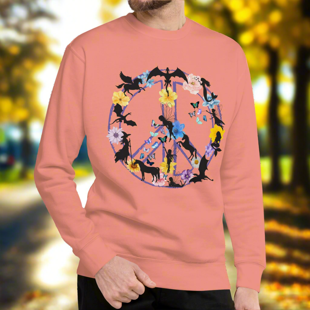 Men's Front View Dusty Rose Fantasy Peace Sign men's Sweatshirt. Purple Peace Sign Outline filled with fantasy creatures dragons, mermaids, fairies, pegasus, a witch, butterflies, and flowers.