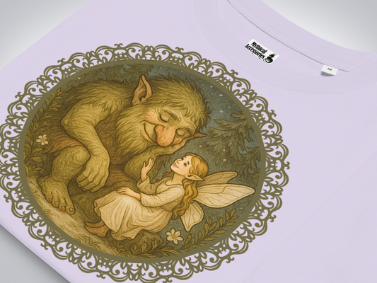Lavender tshirt folded to show graphic close up The graphic is a circle with a frame that is a lattice lace. Inside the frame is a fairy/pixie sitting in the forest with a forest troll.