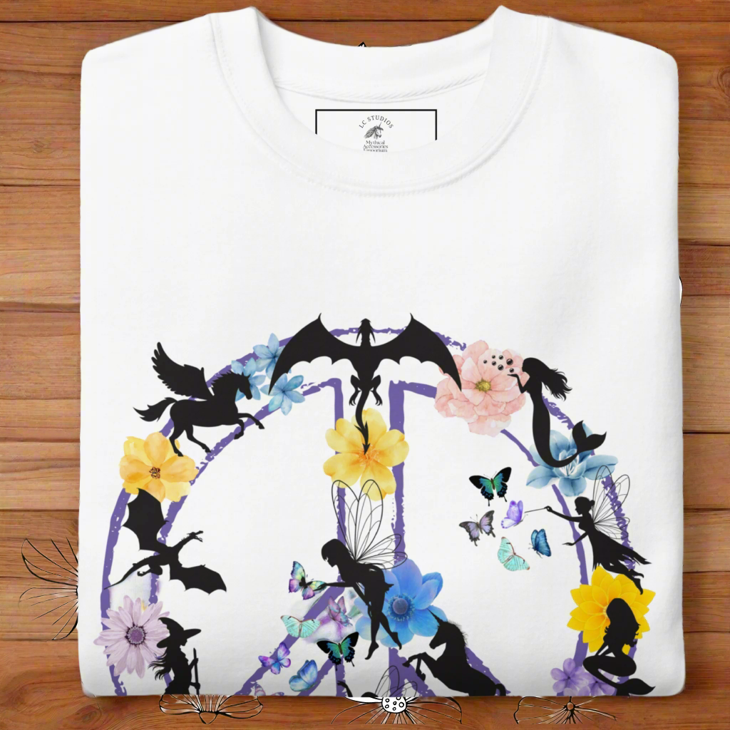 Men's folded Front View White Fantasy Peace Sign men's Sweatshirt. Purple Peace Sign Outline filled with fantasy creatures dragons, mermaids, fairies, pegasus, a witch, butterflies, and flowers.