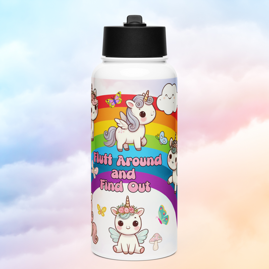 Front view of stainless steel water bottle with black lid. Kawaii Doodle style rainbow with a winged unicorn above the the purple pink text, "Fluff Around and Find Out". Below the text is a sitting winged unicorn with flowers between the ears. You can see bright butterflies , a mushroom, and a smiling cloud.