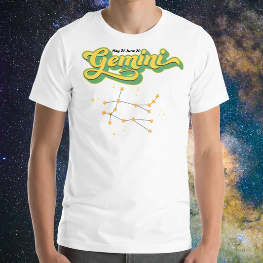 Front view of model wearing white men's Gemini Tee. This Astrology T-Shirt has the word Gemini in large lemon yellow script shadowed in bright green for a 3-D effect. Above this it Says May 21-June 20. Under Gemini is the star constellation with yellow stars connected by a black line and yellow smaller stars surrounding this. The perfect May or June Birthday Gift for him or yourself.