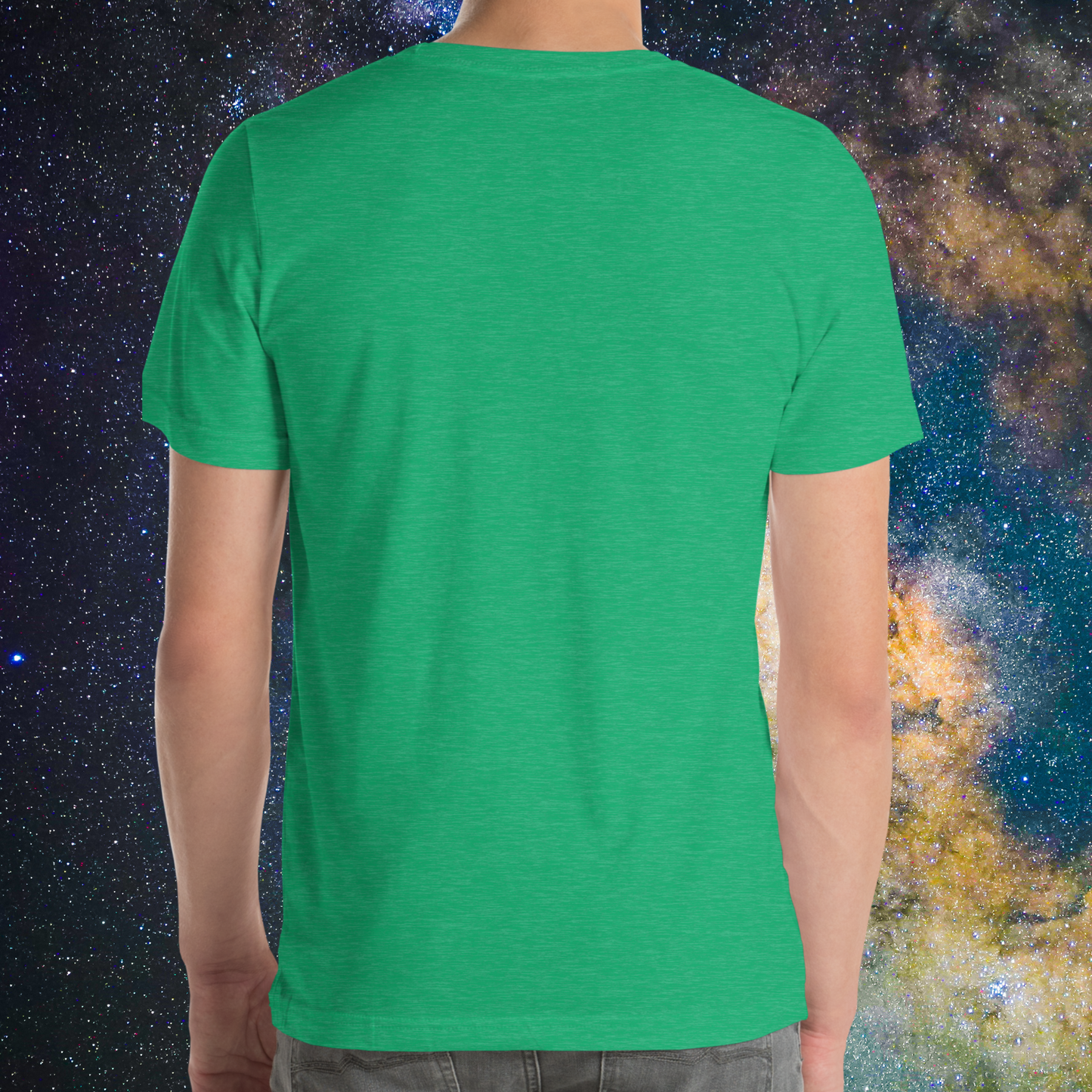 Back view of model wearing heather kelly green men's Gemini Tee. The crew neckline, short sleeves end at mid upper arm, and hem line ends below hip on model. The perfect May or June Birthday Gift for him or yourself.