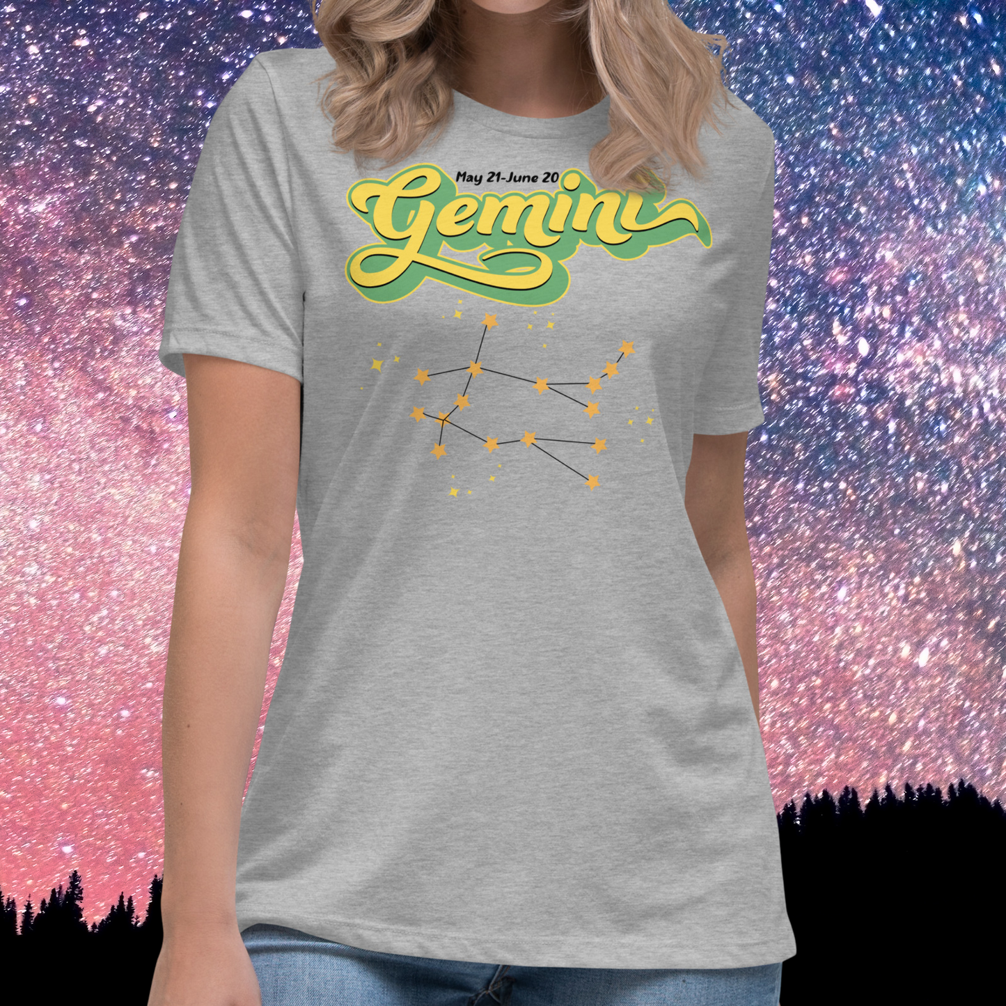 Front view of model wearing athletic heather grey women's Gemini Tee. This Astrology T-Shirt has the word Gemini in large lemon yellow script shadowed in bright green for a 3-D effect. Above this it Says May 21-June 20. Under Gemini is the star constellation with yellow stars connected by a black line and yellow smaller stars surrounding this. The perfect May or June Birthday Gift for Her or yourself.