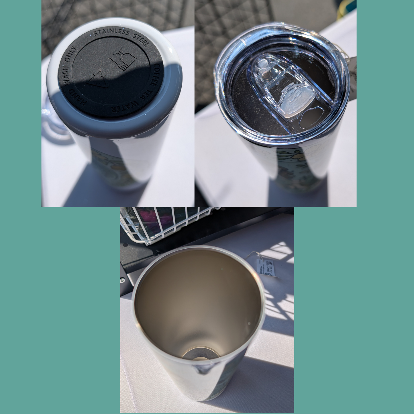 Kidnapped by Fairies 20 oz Stainless Steel Tumbler. This is a collage of the bottom, the top, and the inside of the tumbler. You see the black silicone pad on the bottom of the tumbler. The lid is on the top of the mug and you can see the sliding mechanism that opens and closes the hole for drinking or for putting the metal straw into it. And you see the inside of the 304 food grade stainless steel tumbler. These photos were all taken between customers at my local Farmer's Market and are on my display table