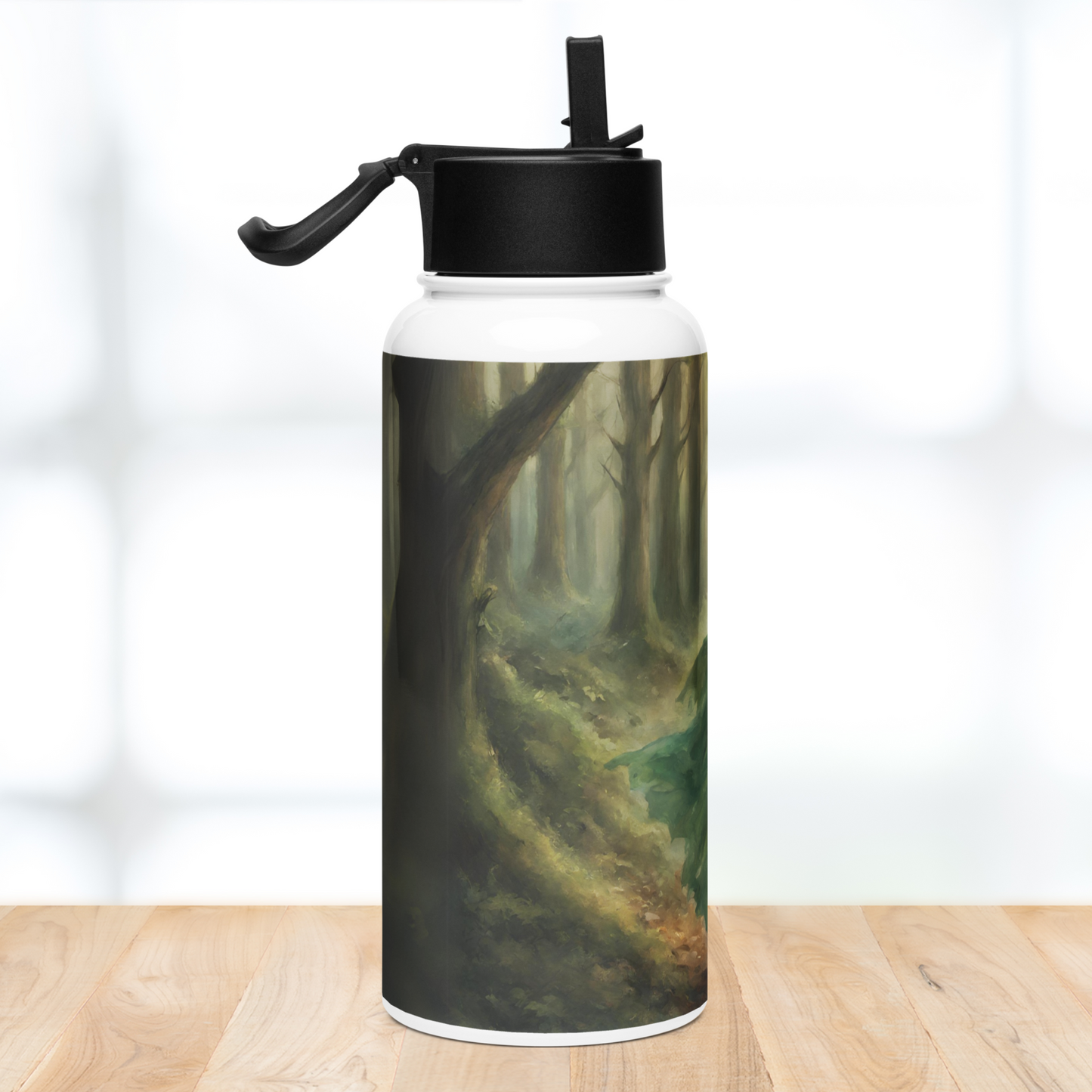Left side view of 32 oz stainless steel water bottle with a black lid. Straw is flipped up on lid and handle is lifted to the left side. You can see bare trunks of trees emerging from the forest floor.