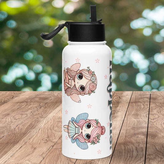 Left side of white stainless steel 32 oz water bottle. Black lid with straw up and handle to the left. You can see a big blue eyed fairy with light brown hair. She has a flower crown. light pink wings and dress, and is sitting. next to her is a large blue eyed fairy with pink hair, blue wings and dress, she has pink flowers in her hair.