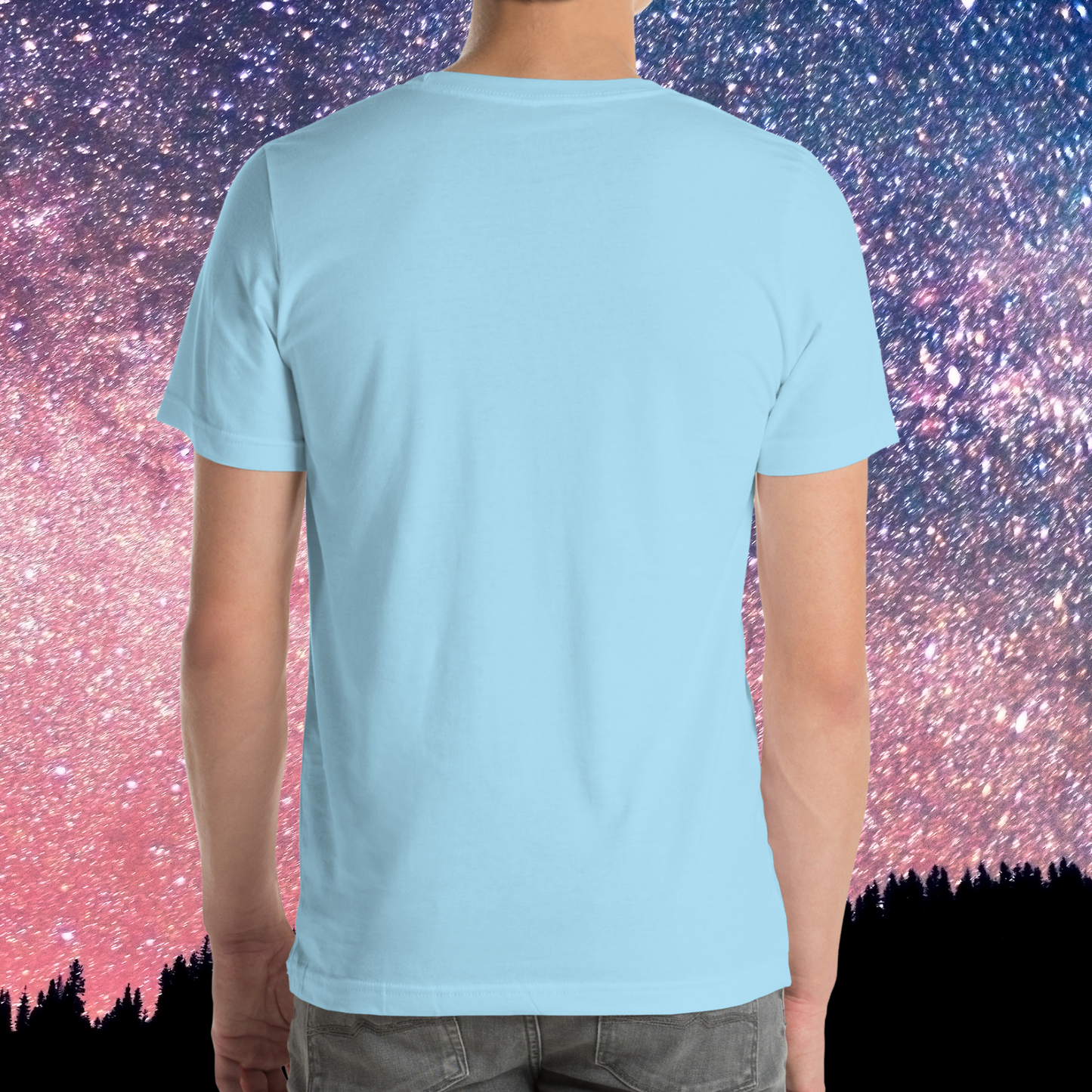 Back view of model wearing Ocean Blue men's Leo Tee. No image on the back of the shirt. You can see the short sleeves end mid upper arm, hem ends at the bottom of the hip, and there is a crew neck. The perfect July or August Birthday Gift for him or yourself.