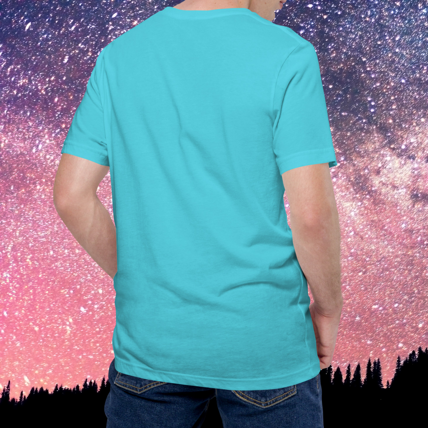 Back view of model wearing turquoise men's Libra Tee. The back of the zodiac shirt is blank. The crew neckline is visible, the sleeves end at mid upper arm, and the shirt hem below the hip on the model. The perfect October or September Birthday Gift for him or yourself.