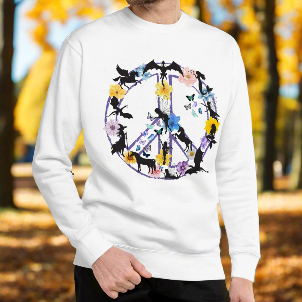 Men's Front View White Fantasy Peace Sign men's Sweatshirt. Purple Peace Sign Outline filled with fantasy creatures dragons, mermaids, fairies, pegasus, a witch, butterflies, and flowers.