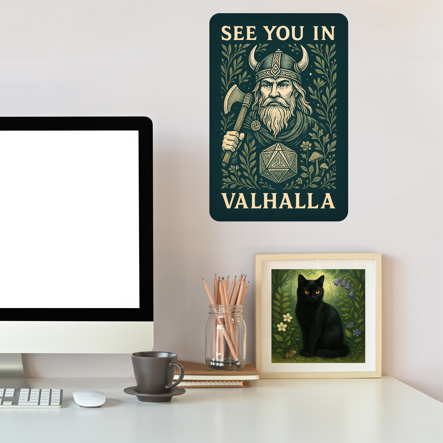 Metal Wall Poster 8x12 hanging on the wall above a computer desk. Dark green Metal Sign with graphic in light golden browns. Bearded Viking wearing a horned helmet and holding an axe over his shoulder. D20 with symbols instead of numbers below the Viking. Botanical Design surrounding the image with mushrooms, vines, and flowers. At the top of the wall art it says, "See You In". At the bottom of the home decor, "Valhalla". Dorm Room Decor DND Gifts