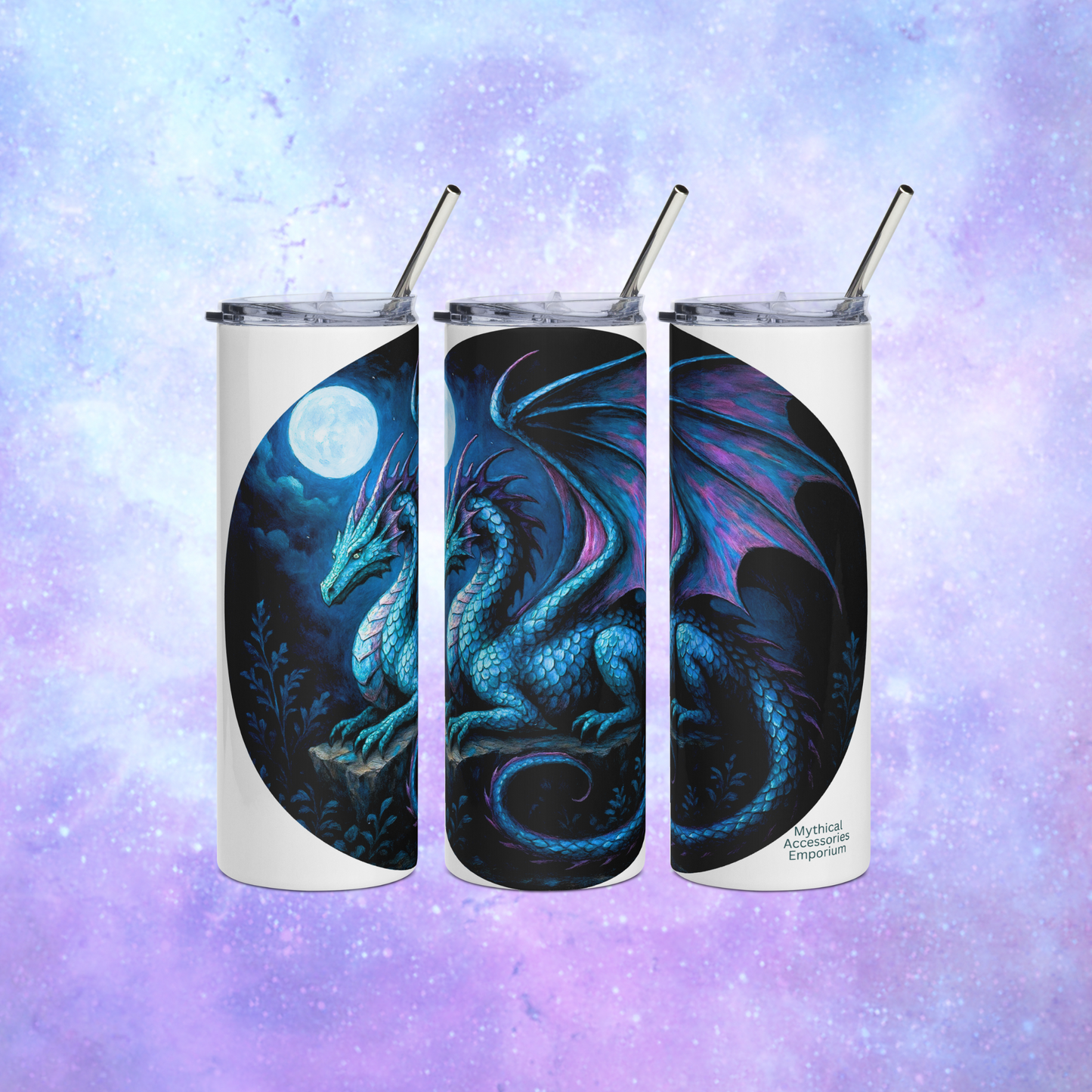 Dragon Insulated stainless steel tumbler. You can see three sides in this image for a full view of a blue dragon with purple highlights on the wings, horns, and tail. The dragon is resting on an outcrop of rocks at night. There is a dark cloudy sky with a full moon. Everything is in blues and purple. You can see the stainless steel straw sticking up from the plastic lid. The graphic is on a white tumbler.
