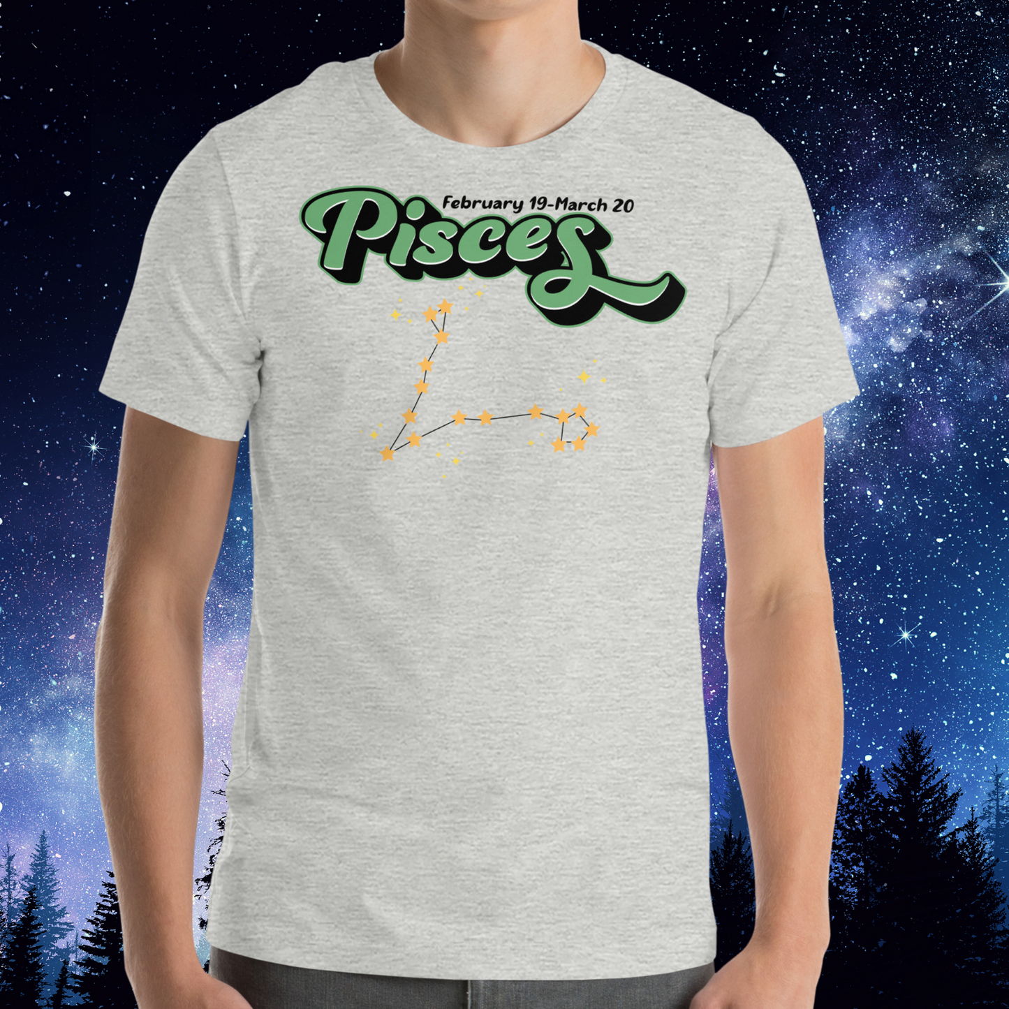 Front view of model wearing athletic heather men's Pisces Tee. This Astrology T-Shirt has the word Pisces in large minty green script shadowed in black for a 3-D effect. Above it Says February 19-March 20. Under Pisces is the star constellation with yellow stars connected by a black line and yellow smaller stars surrounding this. The perfect February or March Birthday Gift for him.