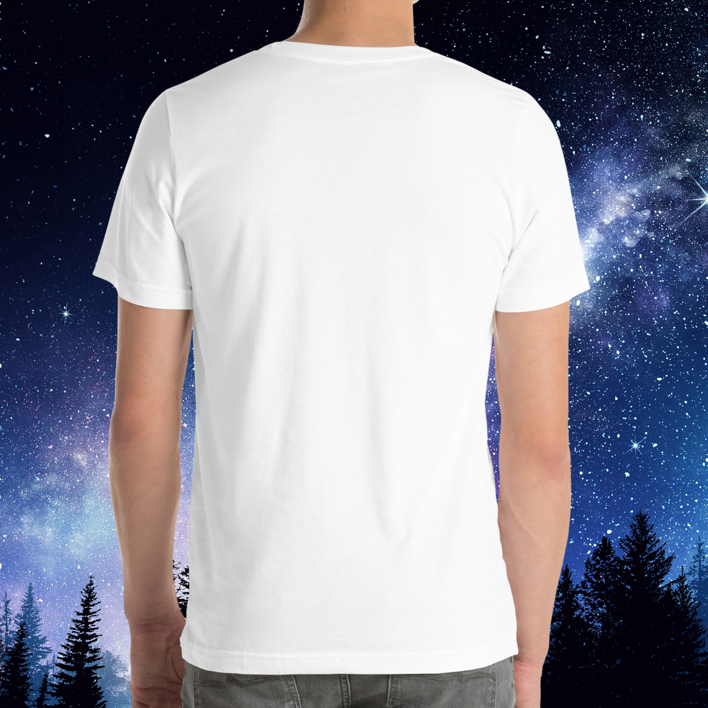 Back view of model wearing white men's Pisces Tee. This Astrology T-Shirt has short sleeves, hem that falls right past hips, and a crew neck. The perfect February or March Birthday Gift for him.