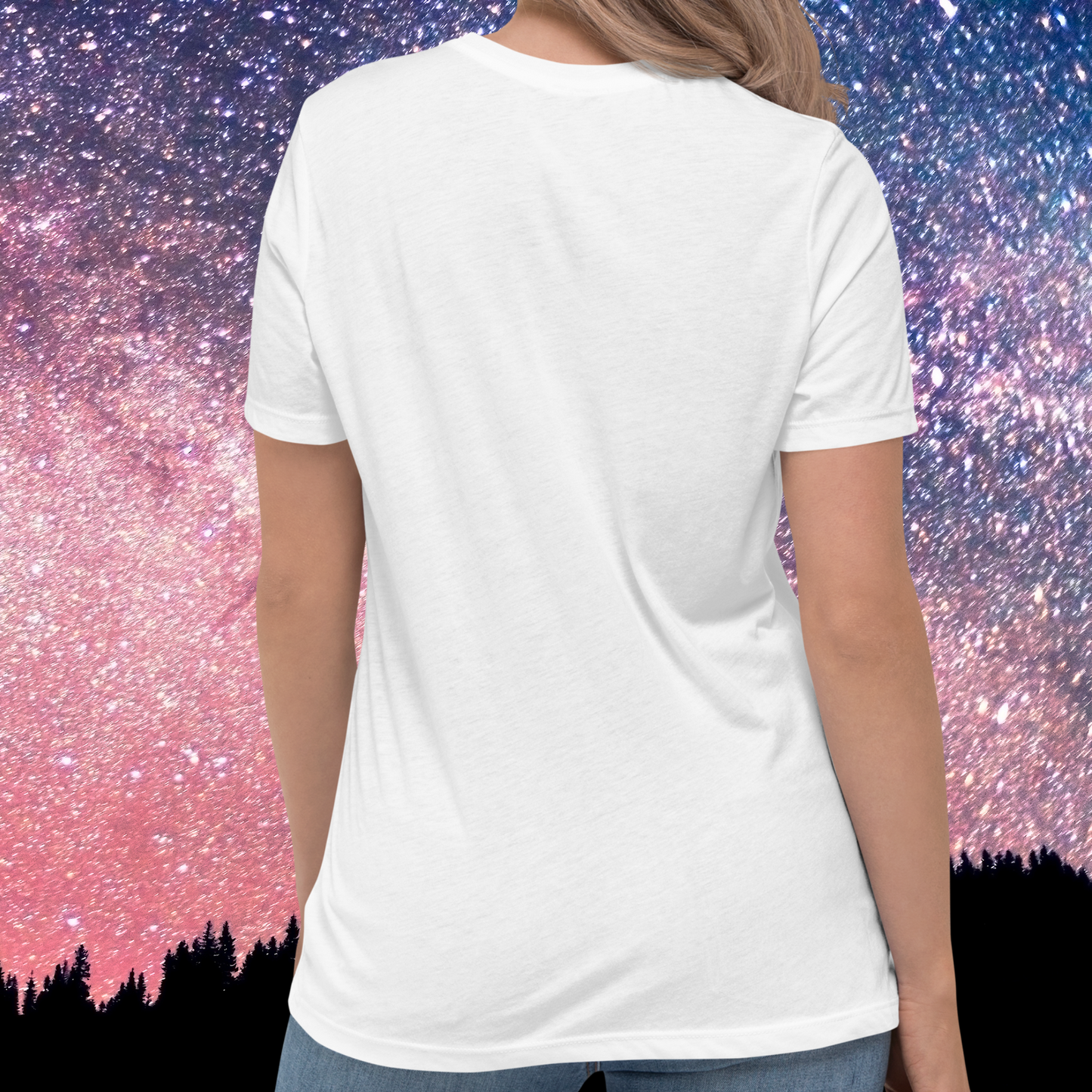Back view of model wearing white women's Pisces Tee. This Astrology T-Shirt seen from the back shows the crewneck neckline, sleeves going to mid upper arm, and hem falling just below the hips. No design on the back. The perfect February or March Birthday Gift for Her or yourself.