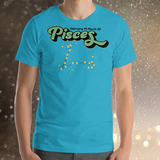 Front view of model wearing heather aqua men's Pisces Tee. This Astrology T-Shirt has the word Pisces in large minty green script shadowed in black for a 3-D effect. Above it Says February 19-March 20. Under Pisces is the star constellation with yellow stars connected by a black line and yellow smaller stars surrounding this. The perfect February or March Birthday Gift for him.