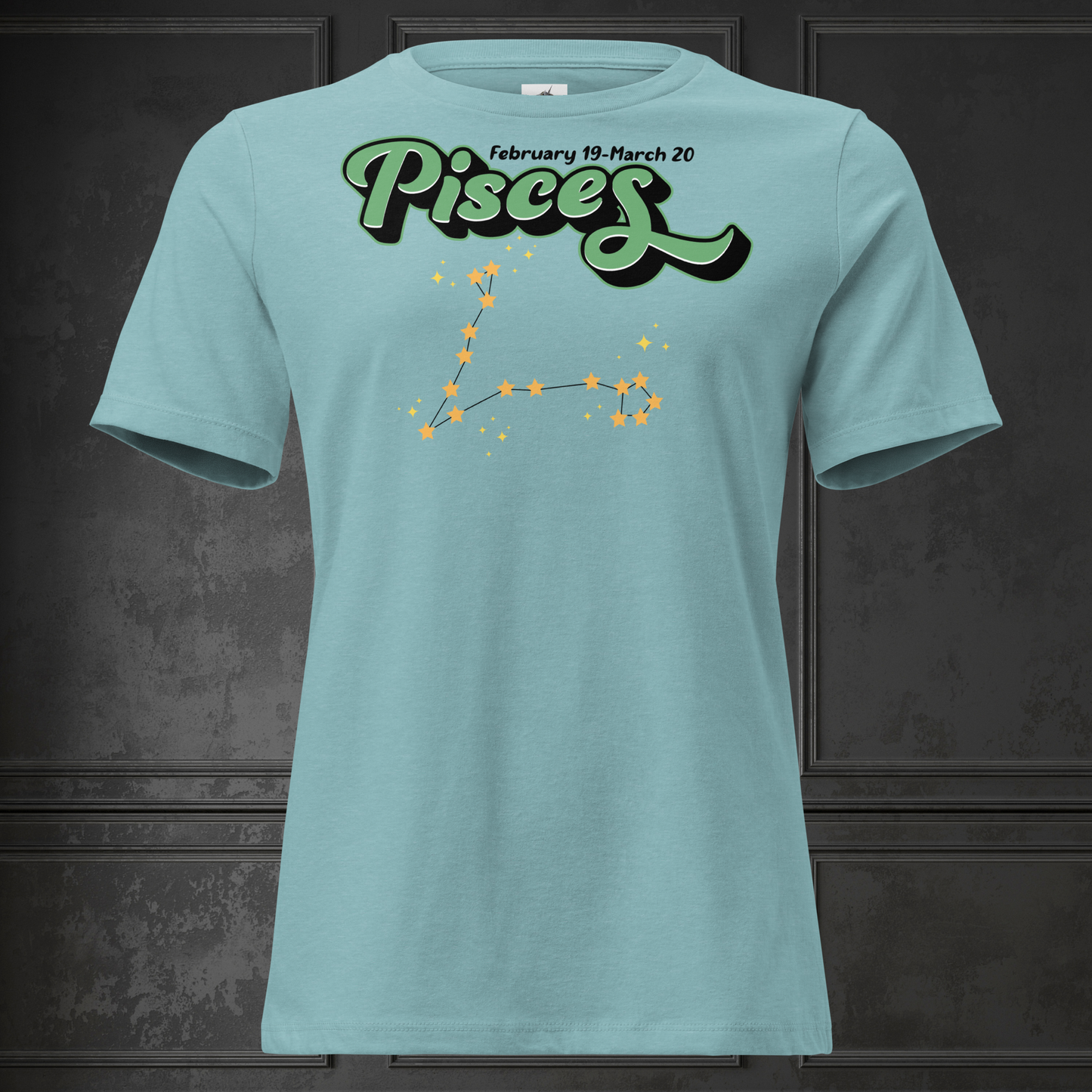 Front view of heather blue lagoon women's Pisces Tee not on model This Astrology T-Shirt has the word Pisces in large minty green script shadowed in black for a 3-D effect. Above this it Says February 19-March 20. Under Pisces is the star constellation with yellow stars connected by a black line and yellow smaller stars surrounding this. The perfect February or March Birthday Gift for Her or yourself.
