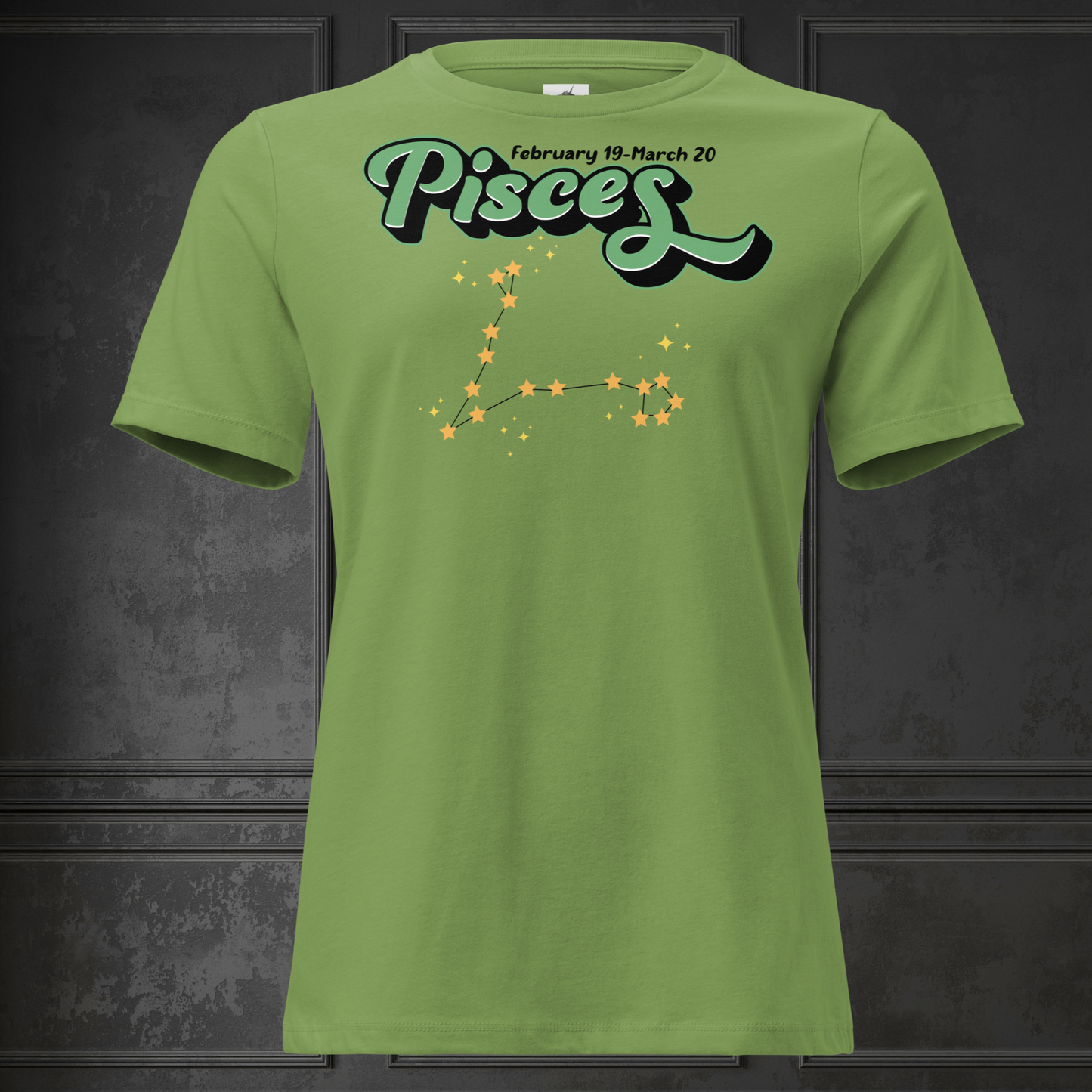 Front view leaf green women's Pisces Tee not on model. you can see the inside of the neckline and hems of the sleeves. This Astrology T-Shirt has the word Pisces in large minty green script shadowed in black for a 3-D effect. Above this it Says February 19-March 20. Under Pisces is the star constellation with yellow stars connected by a black line and yellow smaller stars surrounding this. The perfect February or March Birthday Gift for Her or yourself.