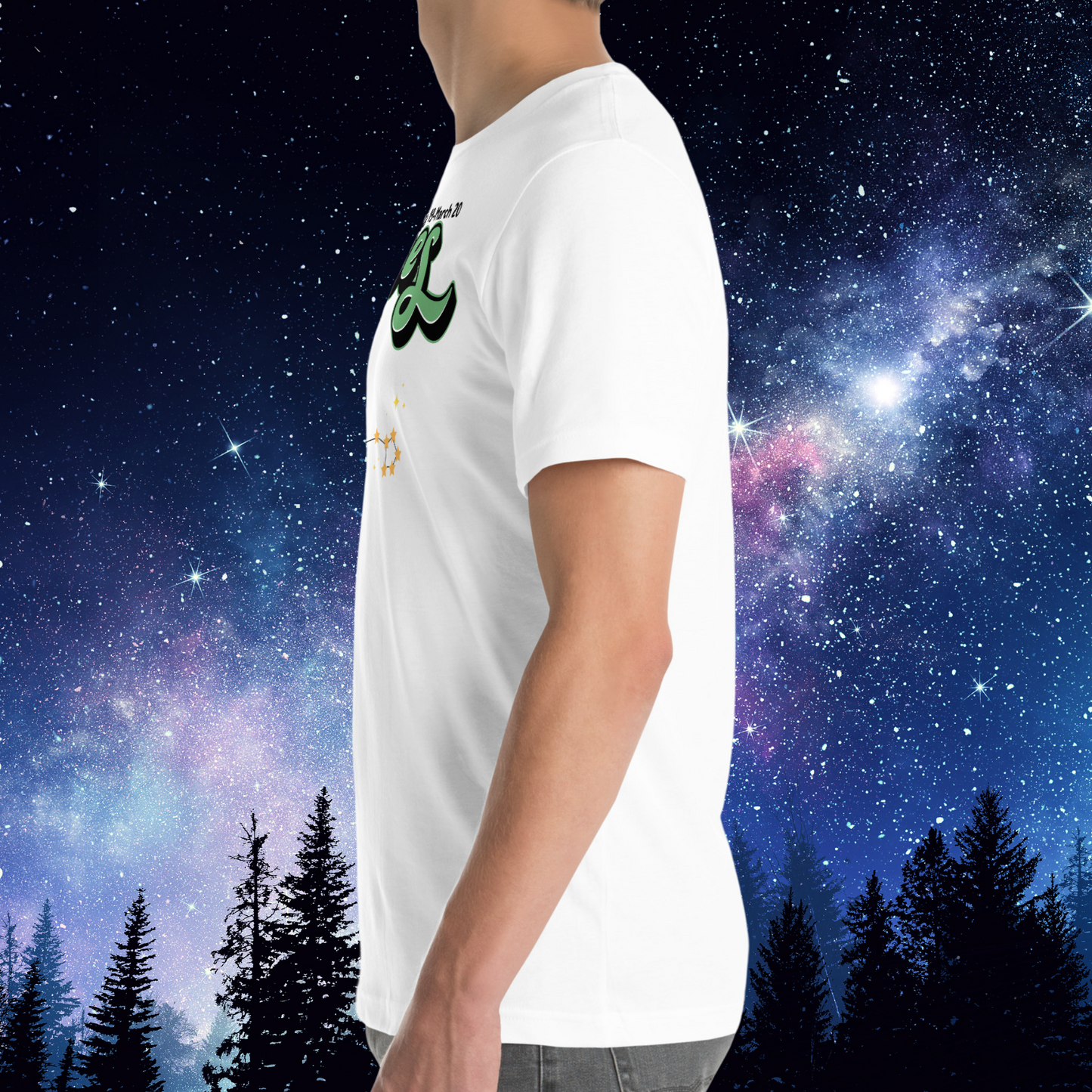 Left side view of model wearing white men's Pisces Tee. This Astrology T-Shirt has short sleeves that come midway down the upper arm, crew neckline, hem comes right below the model's hips. The perfect February or March Birthday Gift for him.