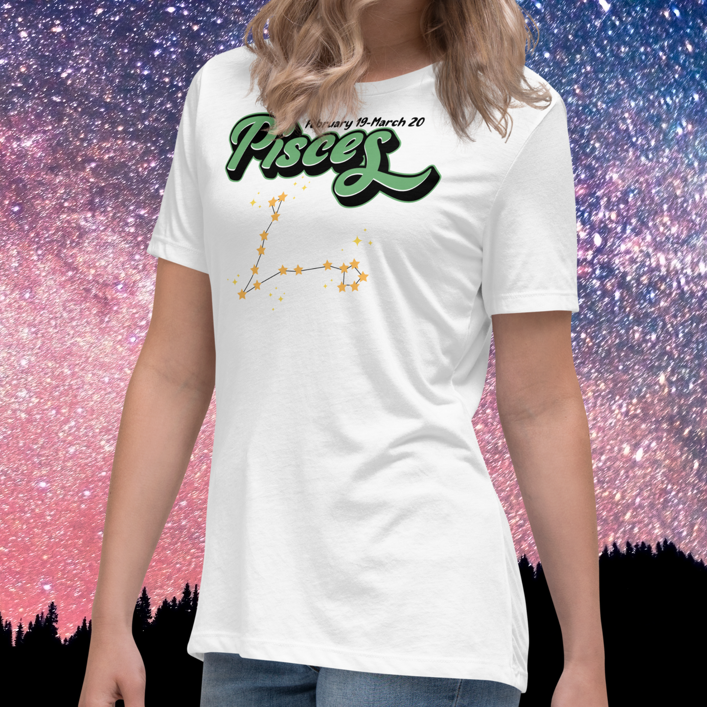 Front left twist view of model wearing white women's Pisces Tee. This Astrology T-Shirt has the word Pisces in large minty green script shadowed in black for a 3-D effect. Above this it Says February 19-March 20. Under Pisces is the star constellation with yellow stars connected by a black line and yellow smaller stars surrounding this. The perfect February or March Birthday Gift for Her or yourself.