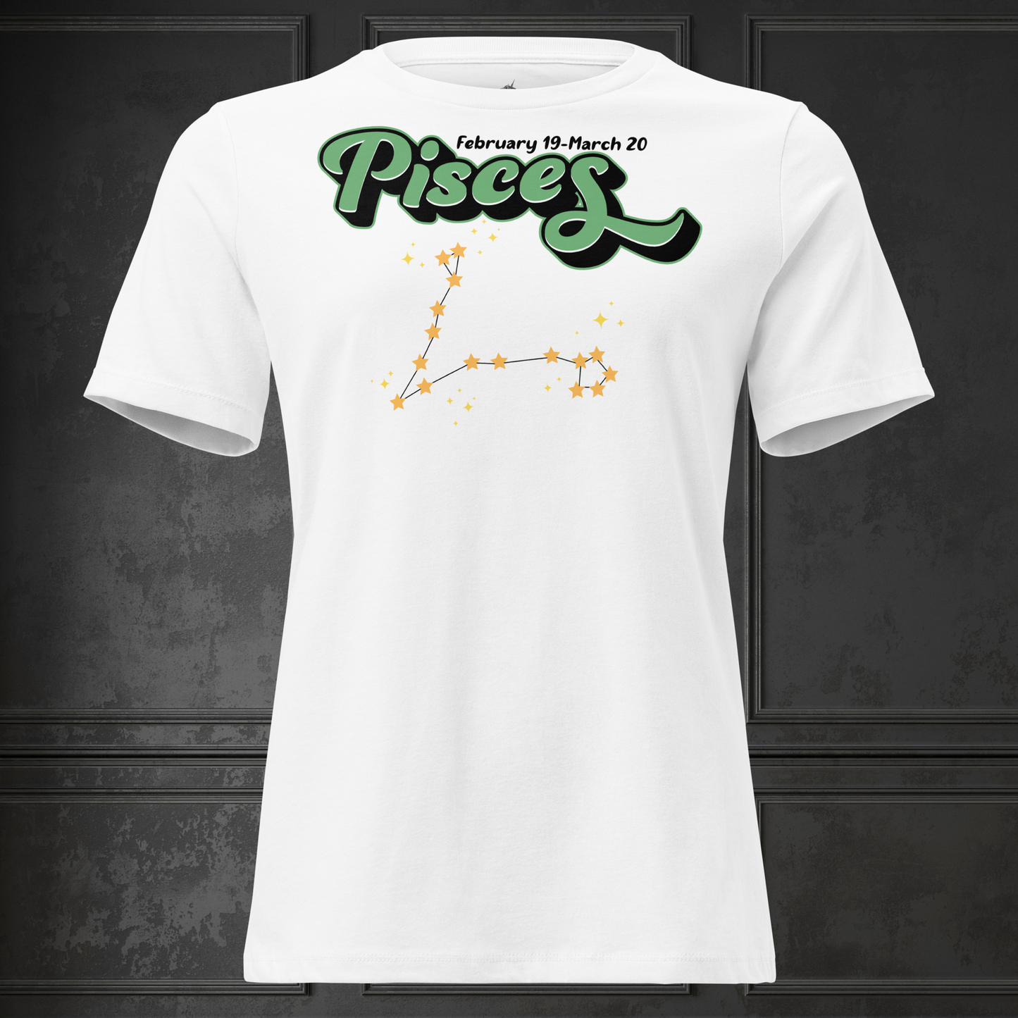 Front view white women's Pisces Tee not on model. you can see the inside of the neckline and hems of the sleeves. This Astrology T-Shirt has the word Pisces in large minty green script shadowed in black for a 3-D effect. Above this it Says February 19-March 20. Under Pisces is the star constellation with yellow stars connected by a black line and yellow smaller stars surrounding this. The perfect February or March Birthday Gift for Her or yourself.