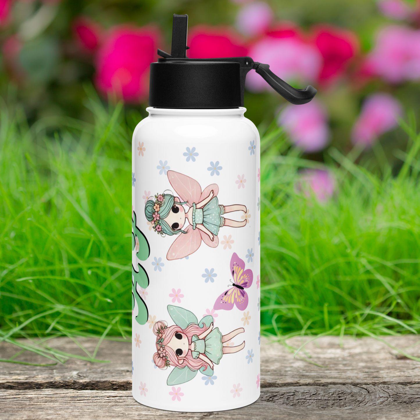 Right side view of fairy white stainless steel tumbler with black lid. The background is pastel mini daisies. At the top is a fairy with blue hair with a bun and pink flowers, A blue dress and pink wings. At the bottom is a pink long haired fairy with buns and flowers. She has blue wings and a blue dress. A pink butterfly is between the chibi style fairies.