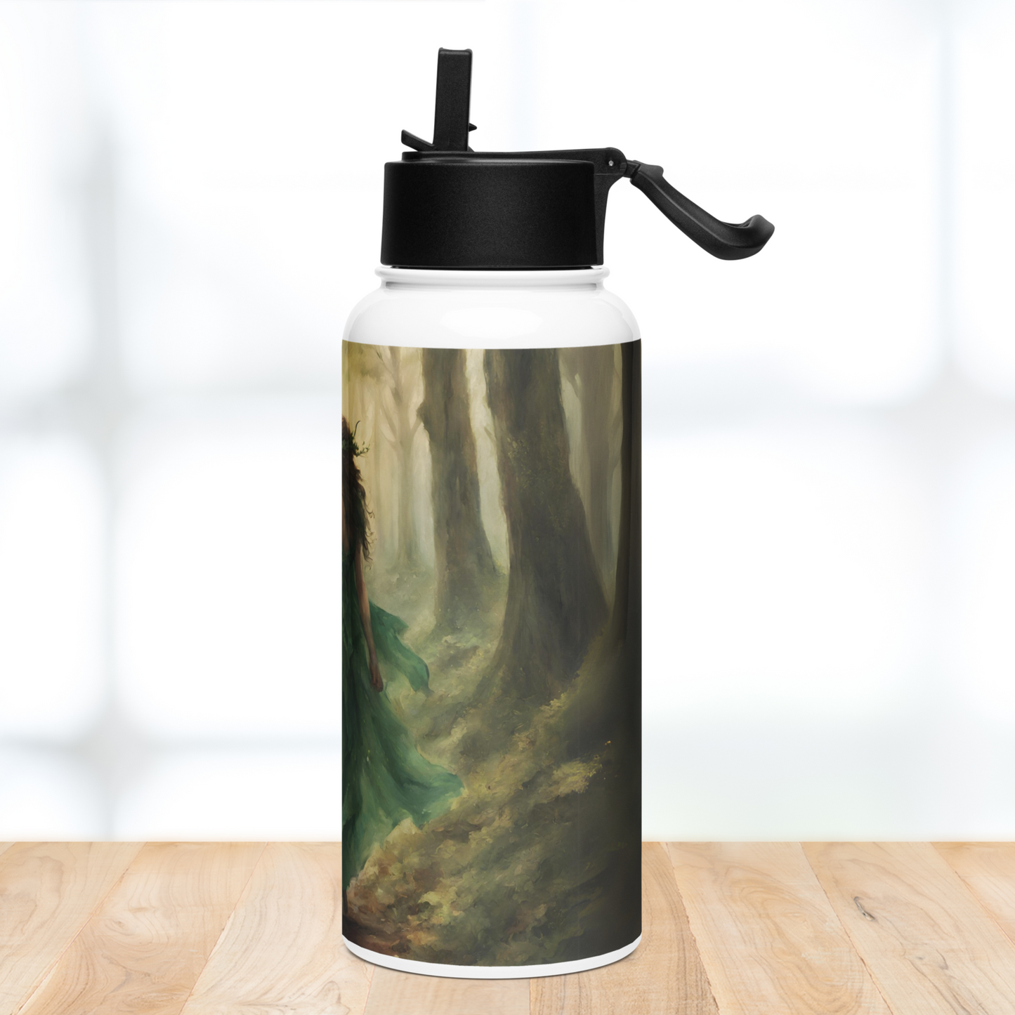 Right side view of stainless steel water bottle with black lid. Straw is flipped up and handle is up on the right side. You can see the trunks of a shadow filled forest and parts of a green dress.
