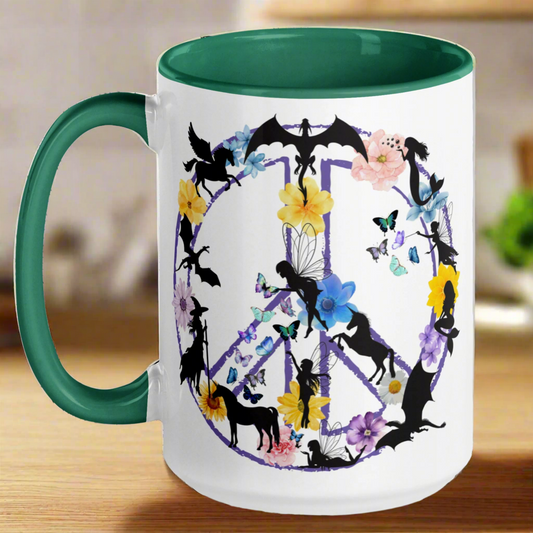 right green interior and handle fantasy peace mug, purple peace sign filled with mythological creatures dragon mermaid fairy unicorn witch pegasus