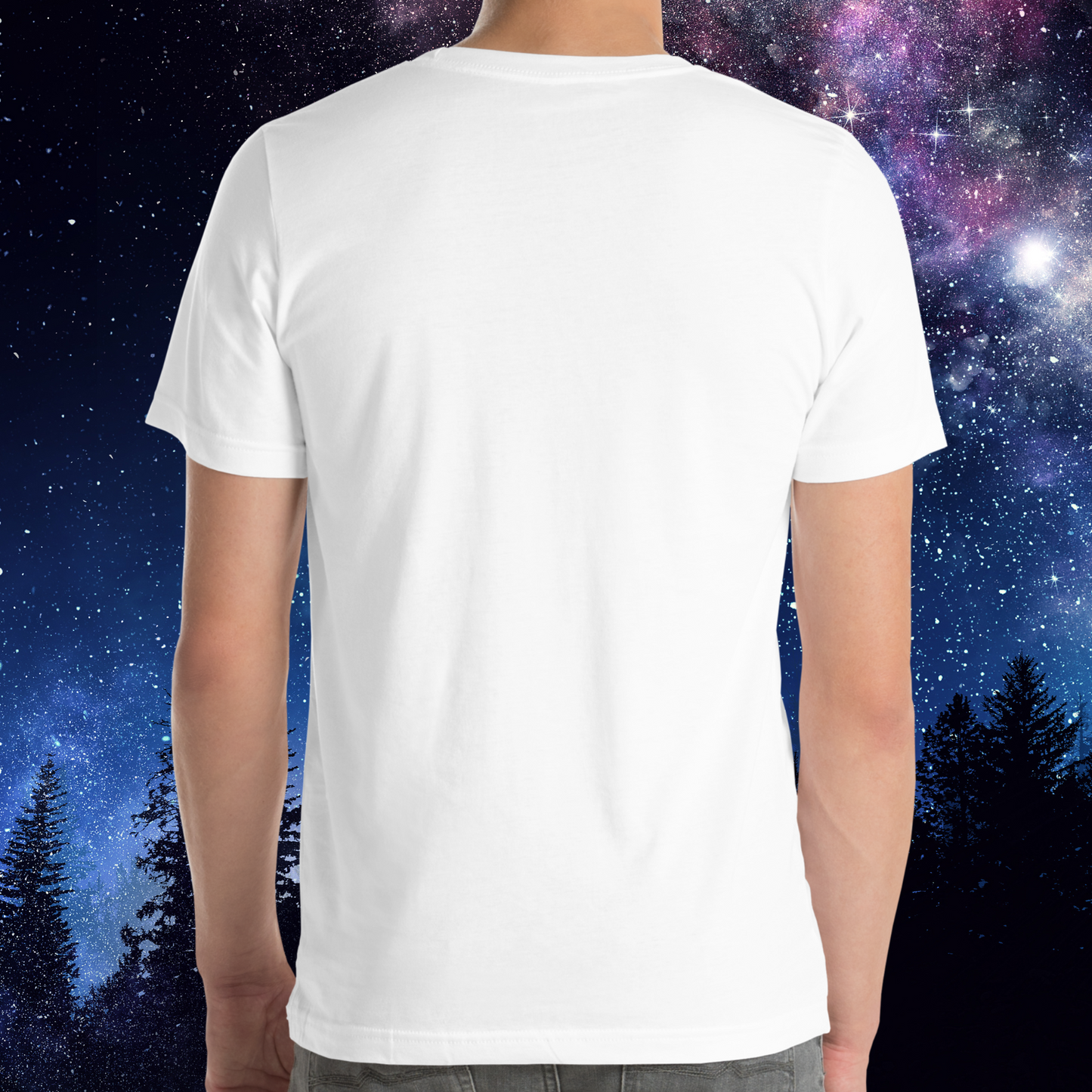 Back view of model wearing white men's Sagittarius Tee. Back of the astrology shirt does not have a graphic. The perfect December or November Birthday Gift for him or yourself.