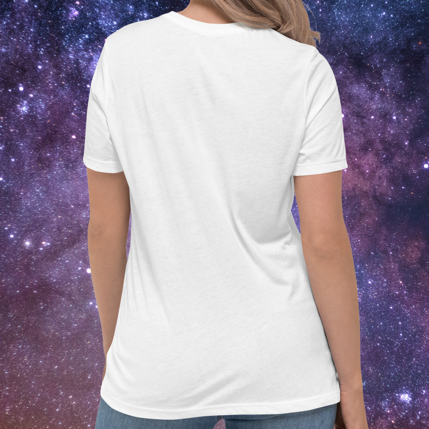 Back view of model wearing white women's Sagittarius Tee. You can see the crew neckline, short sleeves coming to mid upper arm, the hem falling just below the hip on the model. The perfect November or December Birthday Gift for her or yourself.