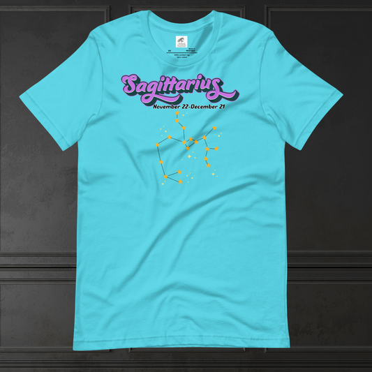 Front view of flat turquoise men's Sagittarius Tee. This astrology T-Shirt has the word Sagittarius in large purple script shadowed in black for a 3-D effect. Below this it Says November 22-December 21. Under Sagittarius is the zodiac star constellation with yellow stars connected by a black line and lighter yellow smaller stars surrounding this. The perfect December or November Birthday Gift for him or yourself.
