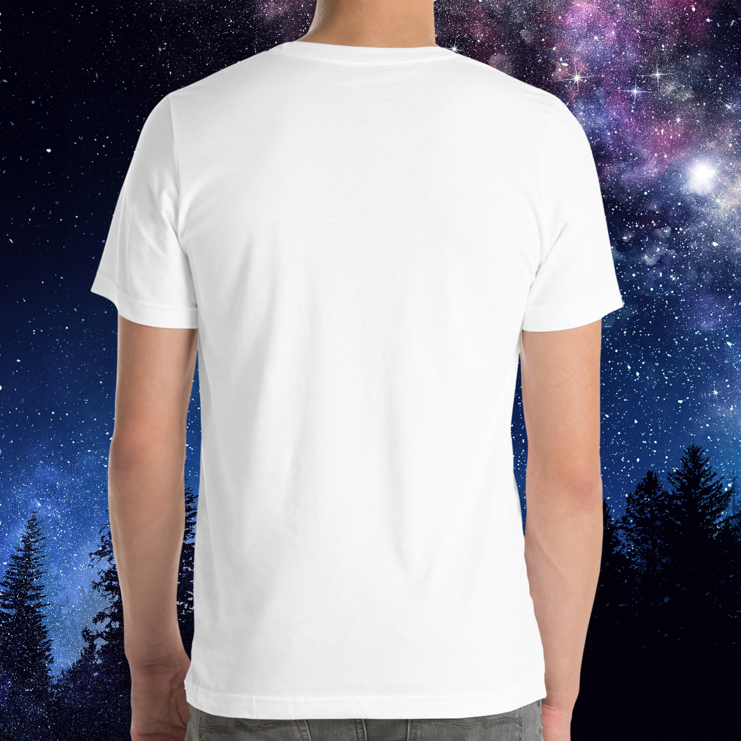 Back view of model wearing white men's Scorpio Tee. You can see the shoulder seams, crew neckline, sleeves end mid upper arm, and hem ends right below the hip on the model. The perfect October or November Birthday Gift for him or yourself.